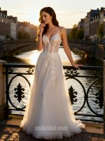 APJbridal Romantic Spaghetti Strap Deep V-Neck Lace A-Line Wedding Dress with Tulle Skirt